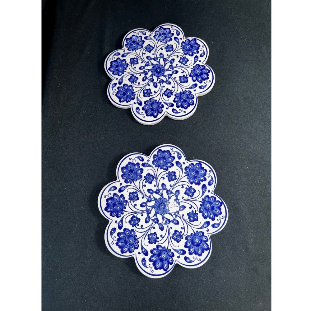 Set of 2 Turkish‎ Ceramic Coasters Floral Blue White Scalloped Flower Design
